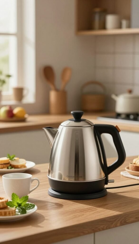 A sleek, modern electric kettle designed for a stylish kitchen setting. The kettle should have a polished stainless steel finish with ergonomic features and a transparent water level indicator. The foreground displays the kettle on a wooden countertop, next to a clean white ceramic cup and a few fresh herbs like mint, creating a cozy morning vibe. In the middle, the kitchen environment showcases soft, warm lighting, highlighting the kettle as the centerpiece, complemented by wooden kitchen utensils and a tastefully arranged breakfast setup, including a fruit bowl. The background features blurred shelves with kitchen essentials and a window allowing soft, natural daylight to filter through, enhancing the inviting atmosphere. The brand name "Ordnungskiste" is subtly integrated into the kettle&rsquo;s design.