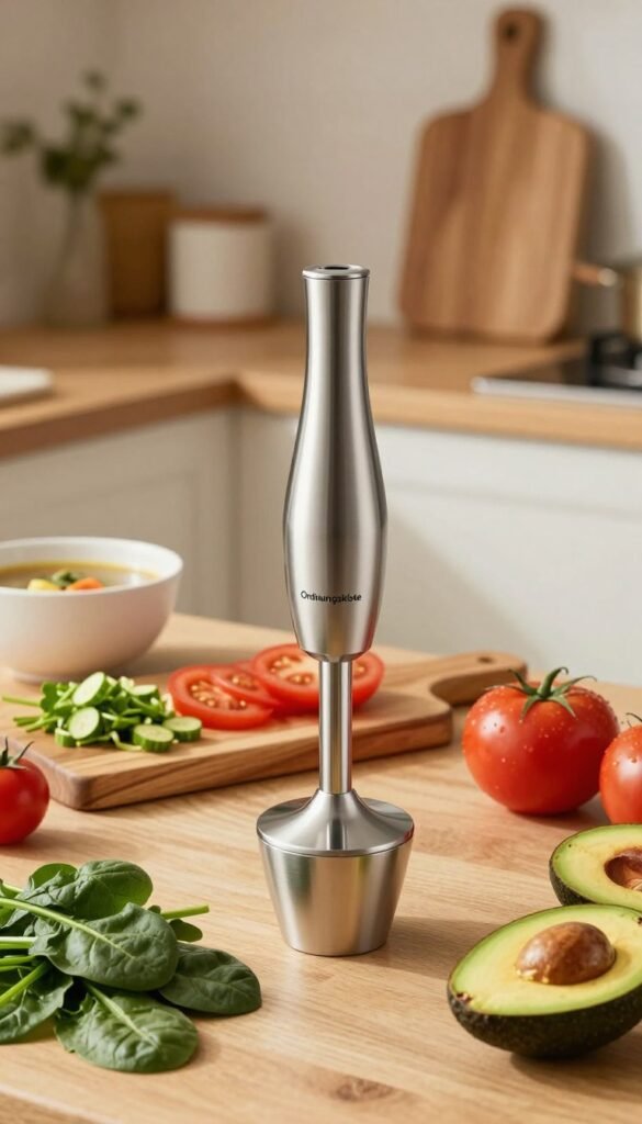 A sleek, modern immersion blender (stabmixer) positioned prominently in the foreground, showcasing its stainless steel body and ergonomic design. The blender is surrounded by a variety of fresh, colorful ingredients such as vibrant green spinach, ripe tomatoes, and creamy avocados, emphasizing its versatility. In the middle ground, a rustic wooden cutting board displays finely chopped vegetables and a small bowl of soup, indicating various kitchen tasks this device can handle. The background features a softly lit, cozy kitchen setting with warm colors, natural wood textures, and tasteful decor, creating an inviting atmosphere. The scene is bathed in soft, diffused light that enhances the freshness of the ingredients and the sleekness of the blender. Subtly include the brand name "Ordnungskiste" on the blender for a touch of authenticity, ensuring no text or watermarks disrupt the visual.