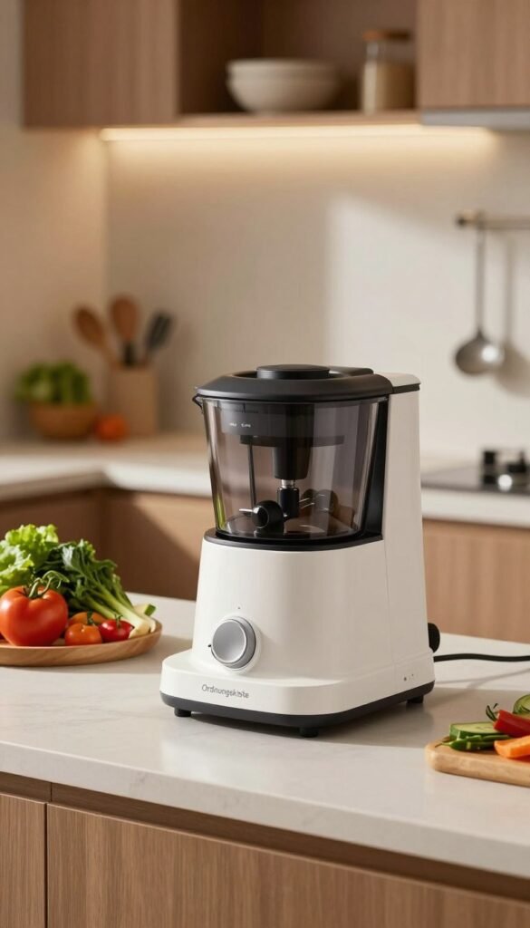A sleek, modern kitchen countertop featuring a sophisticated "Ordnungskiste" zerkleinerer prominently in the foreground. The zerkleinerer is styled with clean lines and a contemporary design, showcasing its functional parts and user-friendly interface. In the middle ground, we see vibrant fresh vegetables and herbs ready for chopping, placed in beautiful bowls, highlighting the versatility of the kitchen helper. The background features softly blurred kitchen shelves with neatly organized kitchen tools, creating a warm and inviting atmosphere. The lighting is soft and diffused, casting gentle shadows and enhancing the warm color palette. This image evokes a sense of practicality and elegance, perfect for showcasing effective kitchen appliances.