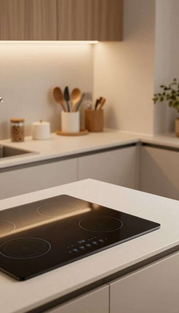 A sleek, modern kitchen scene featuring a narrow cooking field and mobile cooking zones designed for small spaces. The foreground showcases a high-quality, compact induction cooktop with touch controls, elegantly placed on a minimalist countertop. In the middle ground, an organized kitchen environment emphasizes efficient use of space, with stylish utensils neatly arranged in an Ordnungskiste. The background reveals a cozy kitchen layout adorned with warm, natural colors and soft ambient lighting, creating an inviting atmosphere. A subtle decorative plant adds a touch of freshness. The camera angle captures the entire setup from a slightly elevated perspective, emphasizing the neatness and functionality of the kitchen. The mood is warm, inviting, and practical, perfect for the theme of small kitchen solutions.