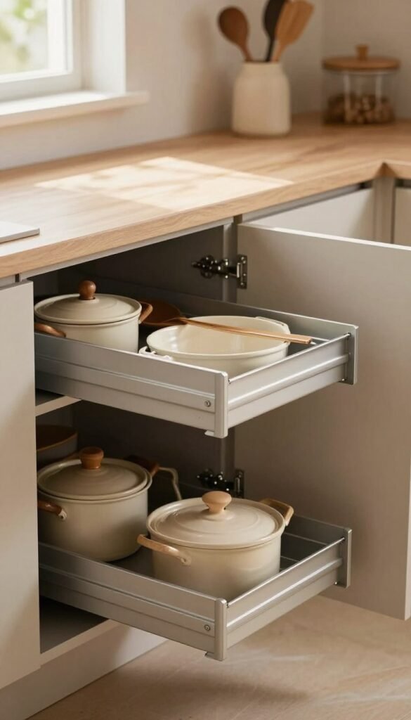A sleek, modern kitchen showcasing a stylish "Ordnungskiste" storage solution with pull-out shelves. In the foreground, focus on an open cabinet with well-organized, easily accessible compartments filled with kitchen essentials like pots, pans, and utensils. The middle features the smooth metallic tracks of the pull-out tabs, demonstrating a clever space-saving design. The background reveals a cozy kitchen ambiance with warm natural lighting streaming in through a nearby window, casting soft shadows on the countertop. The overall atmosphere is inviting and functional, with earthy tones and a Pinterest-inspired aesthetic that highlights the importance of efficient use of space in small kitchens. No text or branding visible in the image.