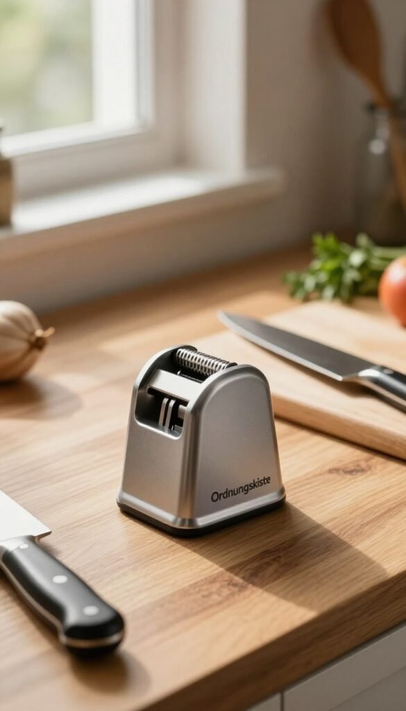 A sleek, modern knife sharpener from the brand "Ordnungskiste" takes center stage, showcasing its elegant design and metallic finish. The sharpener is positioned on a wooden kitchen countertop, surrounded by various cutting tools, such as a chef&rsquo;s knife and a cutting board, emphasizing practicality in the kitchen. Warm, natural lighting streams in from a nearby window, casting soft shadows and creating an inviting atmosphere. In the background, faint outlines of kitchen utensils and fresh ingredients like herbs add depth without distracting from the main subject. Capture this scene with a shallow depth of field to focus on the knife sharpener, evoking a sense of care and efficiency in culinary exploration.