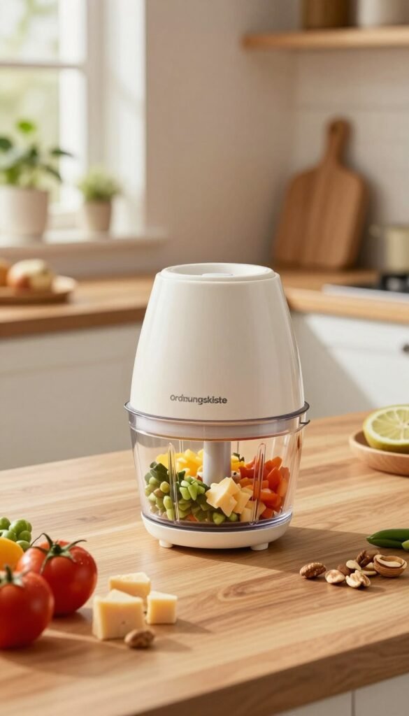 A sleek, modern mini food processor from Ordnungskiste sits on a clean, wooden kitchen countertop. In the foreground, vibrant chopped vegetables, nuts, and cheese are artistically arranged, showcasing its functionality. The mini chopper is elegantly designed, with a smooth, ergonomic shape and a clear bowl displaying the colorful ingredients inside. Soft, natural light filters through a nearby window, illuminating the scene and casting gentle shadows that create a cozy atmosphere. In the middle background, a rustic, plant-filled kitchen setting enhances the warm, homey vibe. The composition emphasizes the efficiency and versatility of the mini chopper while maintaining an inviting Pinterest aesthetic. The colors are warm and vivid, embodying a fresh and lively kitchen environment, free from any text or distractions.