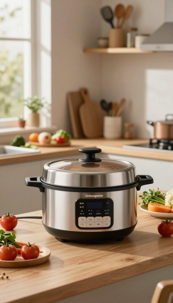 A sleek, modern multi-cooker prominently displayed in a cozy kitchen setting, showcasing its intuitive button interface. The foreground features the multi-cooker, stainless steel with a digital display, adorned with inviting warm colors that evoke a sense of homeliness. Behind it, a well-organized countertop with fresh ingredients like vegetables and herbs arranged artistically, highlighting meal prep possibilities. Soft natural lighting filters in from a nearby window, casting gentle shadows and enhancing the warm tones. In the background, open shelves neatly hold cooking utensils and a cookbook, suggesting a culinary lifestyle. The ambiance is relaxed and inviting, ideal for everyday cooking. The brand name "Ordnungskiste" is subtly integrated into the scene, adding a touch of authenticity.