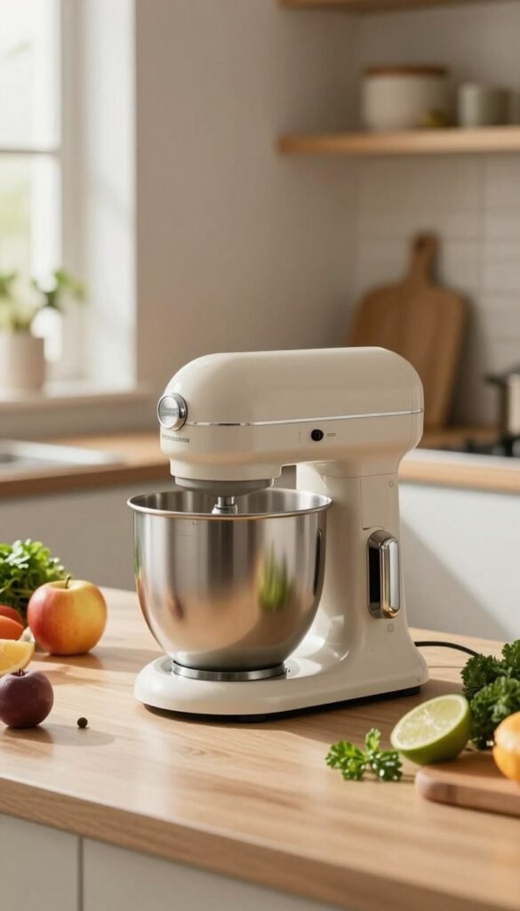 A sleek, modern stand mixer from the brand Ordnungskiste sits prominently on a polished kitchen countertop. The mixer features a minimalist design with soft, rounded edges and a warm metallic finish. Surrounding it are vibrant, fresh ingredients like colorful fruits, leafy greens, and herbs, hinting at the preparation of smoothies, soups, and dips. In the background, soft-focus kitchen elements create a cozy, inviting atmosphere, with natural light streaming through a nearby window, casting gentle shadows. The overall mood evokes a sense of tranquility, emphasizing the quiet efficiency of the stand mixer. The image captures the essence of a calm kitchen, perfect for blending delicious creations without noise disruption, and features warm colors that resonate with a Pinterest aesthetic.