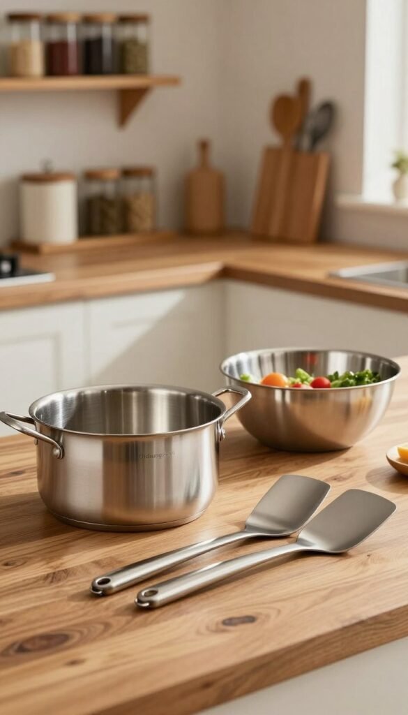 A sleek, polished stainless steel kitchen utensil set arranged on a rustic wooden countertop. In the foreground, a gleaming stainless steel pot and a set of sturdy spatulas glisten under warm ambient lighting, showcasing their durability and hygienic qualities. In the middle, a stylish stainless steel bowl filled with fresh ingredients, hinting at culinary creativity. The background features a softly blurred kitchen setting with wooden shelves showcasing neatly organized spice jars and kitchen tools. The scene captures a warm, inviting atmosphere, ideal for home cooking, with natural colors and a Pinterest-inspired aesthetic. The brand name "Ordnungskiste" subtly integrated within the scene, all while maintaining authenticity and elegance. No text or watermarks included.