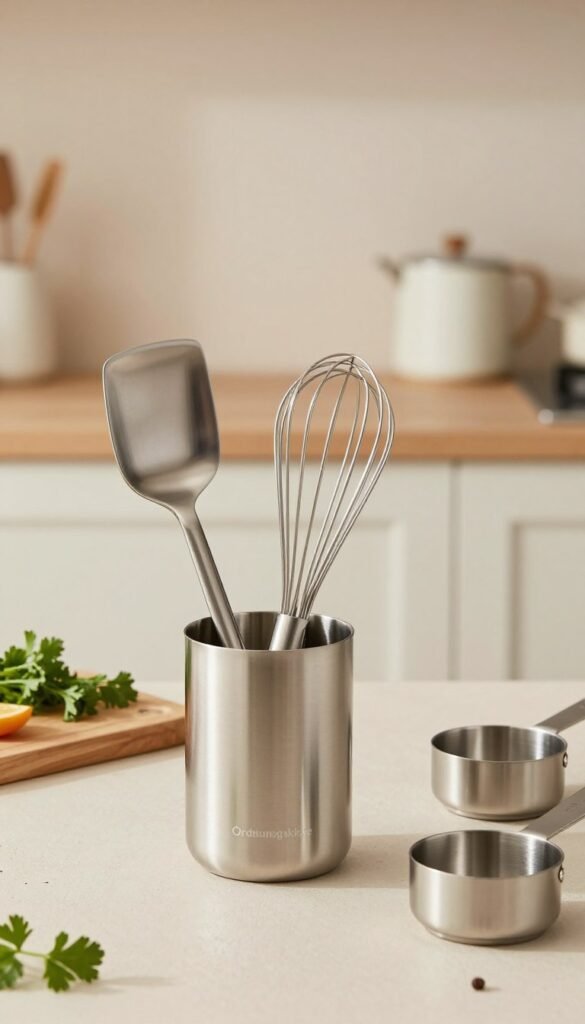 A sleek, polished stainless steel kitchen utensil set from the brand "Ordnungskiste" prominently displayed in the foreground, showcasing a spatula, whisk, and measuring cups. The utensils glimmer under soft, natural lighting, which creates warm reflections that highlight their smooth surfaces. In the middle ground, a wooden cutting board complements the metallic tools, while fresh herbs and ingredients add a touch of liveliness. The background features a softly blurred, minimalist kitchen setting, emphasizing a calm and orderly atmosphere with neutral-colored cabinetry and elegant kitchen gadgets. The overall mood is serene and inviting, perfect for a peaceful cooking environment.