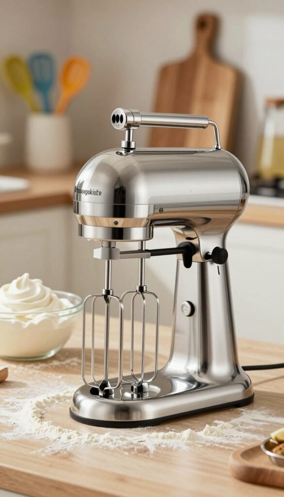 A sleek, stainless steel mechanical hand mixer prominently displayed in the foreground, showcasing its elegant design and intricate details. The mixer features a shiny, reflective surface, with ergonomic handles and various whisk attachments, highlighting its functionality. In the middle ground, a stylish kitchen countertop adorned with a scattering of flour and a bowl of whipped cream, emphasizing the mixer&rsquo;s purpose. The background features softly focused kitchen elements like colorful utensils and wooden cutting boards, creating a warm, inviting atmosphere. The lighting is soft and warm, enhancing the image with natural hues, reminiscent of a cozy and efficient kitchen. This image embodies the essence of "Ordnungskiste," showcasing the hand mixer in action without any text or distractions, making it perfect for visual appeal.
