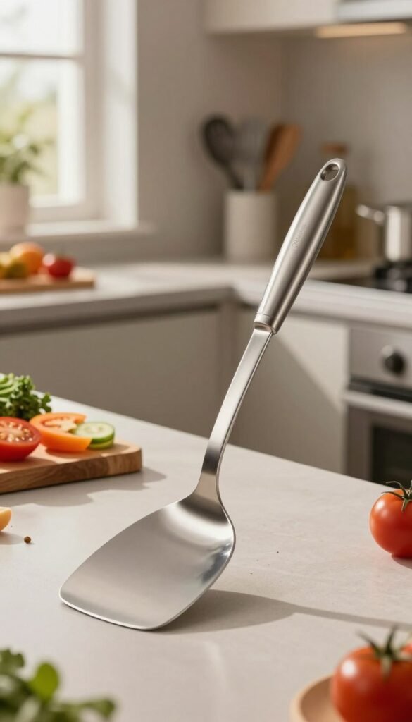 A sleek, stainless steel spatula (pfannenwender) prominently displayed in the foreground, showcasing its polished surface and ergonomic handle. In the middle ground, a modern kitchen setting with a stylish countertop, featuring colorful ingredients like sliced vegetables and herbs, suggesting culinary creativity. Soft, warm natural lighting filters in through a nearby window, creating inviting highlights and shadows that enhance the spatula's reflective qualities. In the background, elegant kitchen utensils and cookware arranged neatly, hinting at organization and functionality. The overall atmosphere is cozy and inspiring, capturing the essence of durable kitchen tools. The brand name "Ordnungskiste" subtly included in the kitchen decor elements, emphasizing quality and efficiency without overwhelming the composition.