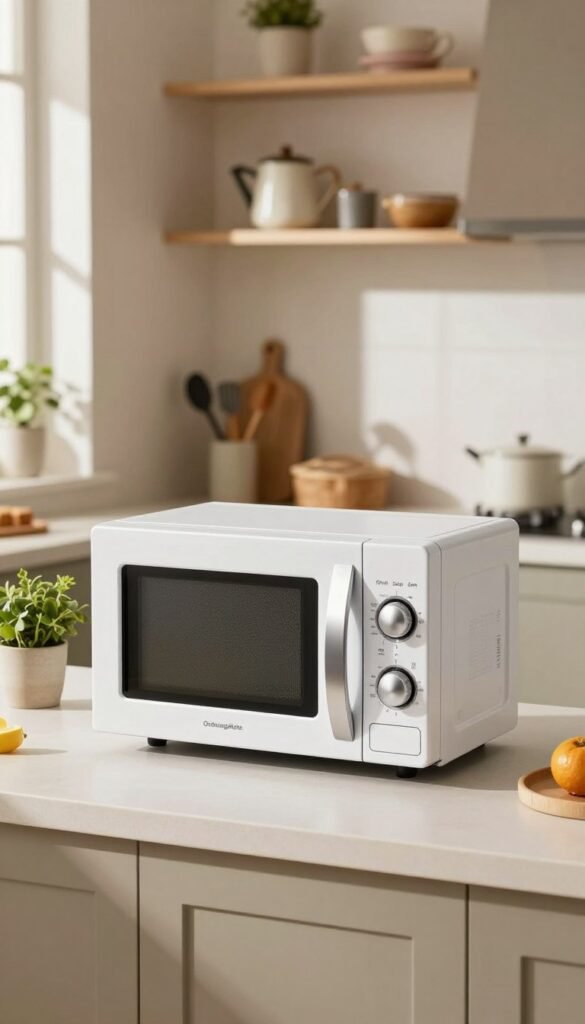 A small, modern microwave designed for compact kitchens, prominently featuring the brand name "Ordnungskiste." The foreground highlights the microwave with a sleek, minimalist design in bright white and stainless steel accents. It's placed on a stylish kitchen countertop adorned with small potted herbs and colorful kitchen utensils. In the middle, a cozy kitchen environment is depicted with warm, natural lighting streaming in through a window, casting soft shadows. The background shows neatly organized shelves with other small kitchen gadgets, creating an inviting atmosphere. The scene embodies a warm, Pinterest-inspired aesthetic, focusing on the practicality and style of small kitchen appliances, emphasizing their value in limited spaces. No text or branding should be visible apart from the microwave.