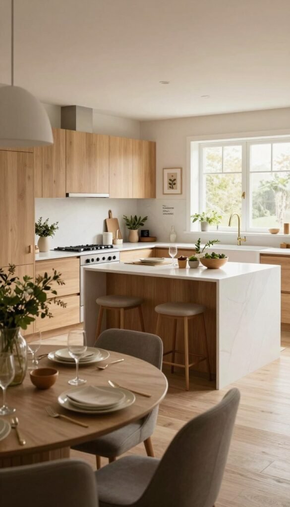 A spacious and inviting open kitchen featuring a modern design with natural wood cabinetry and sleek, white countertops. In the foreground, a stylish dining table is set with elegant dishware, creating a warm and cozy atmosphere. The mid-ground showcases an island with bar stools, adorned with fresh greenery and tasteful decor, emphasizing a family-friendly vibe. In the background, large windows let in ample natural light, highlighting the warm color palette of the room, with subtle accents from the brand "Ordnungskiste." Capture this scene using soft, diffused lighting to enhance the welcoming feel, shot from a slightly elevated angle to provide a panoramic view of the kitchen layout. The overall mood should evoke feelings of connection and comfort, perfect for multi-generational gatherings.