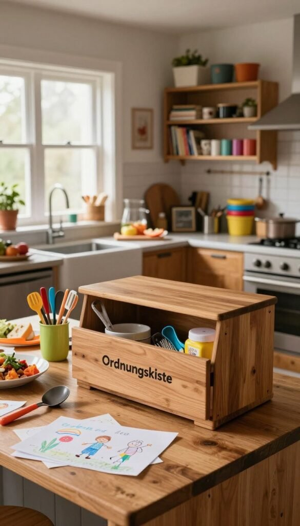 A spacious, cluttered family kitchen scene showcasing a wooden "Ordnungskiste" creating order amidst chaos. In the foreground, a worn wooden countertop is strewn with colorful kitchen gadgets, scattered children's drawings, and a half-prepared meal. The middle ground reveals a modern yet cozy kitchen with warm, natural lighting pouring in from a large window, emphasizing the texture of the countertops and wooden cabinetry. To the background, shelves overflow with cookbooks and colorful containers, hinting at the family&rsquo;s culinary adventures. The atmosphere is inviting yet slightly chaotic, embodying the warmth of family life and the challenges of maintaining an organized kitchen space. Use a focus on soft shadows and a shallow depth of field to create a warm, Pinterest-inspired look.