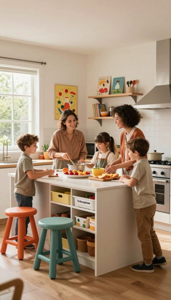 A spacious family kitchen designed for children, featuring a central island with colorful stools and organized storage labeled "Ordnungskiste". In the foreground, a cheerful family of four engages in cooking together, dressed in modest casual clothing, with smiles on their faces. The middle ground showcases modern appliances and vibrant wall art depicting playful culinary themes. Natural light pours in through large windows, creating a warm and inviting atmosphere. In the background, shelves filled with cookbooks and child-friendly utensils enhance the cozy, homey vibe. The scene embodies an authentic Pinterest-inspired look, with earthy tones and a sense of togetherness, emphasizing the ideal size and layout for a family kitchen.