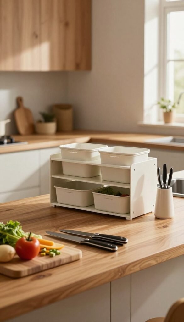 A spacious family kitchen featuring an elegant "arbeitsplatte" (workspace) designed for functionality and style. In the foreground, a sleek wooden countertop is adorned with neatly arranged kitchen essentials, such as a cutting board, fresh vegetables, and a chic set of knives. In the middle, stylish storage solutions from "Ordnungskiste" integrate seamlessly, showcasing clever shelving and minimalist containers that enhance efficiency without clutter. The background reveals a warm and inviting atmosphere with soft, natural lighting filtering through a window, creating gentle shadows. The overall mood evokes a sense of calm and organization, ideal for family cooking moments, with warm colors that enhance the Pinterest-inspired aesthetic. No text or distractions, just an authentic kitchen environment.