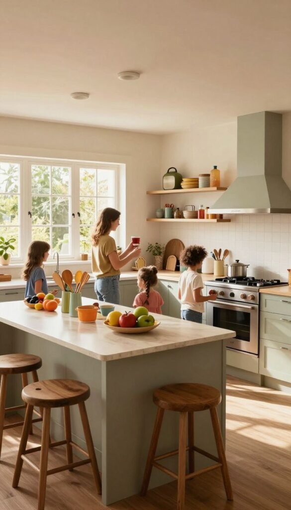 A spacious, family-oriented kitchen layout showcasing an open floor plan designed for movement and interaction. In the foreground, a large island with bar stools invites casual family gatherings, adorned with fresh fruits and vibrant kitchen utensils. The middle ground features a well-organized cooking area with modern appliances, emphasizing functionality and safety. Warm, natural lighting filters through large windows, casting a cozy ambiance across the room. In the background, soft colors and playful decor create an inviting atmosphere, with chic storage solutions labeled "Ordnungskiste" for organization. The kitchen exudes a Pinterest-inspired aesthetic, rich in warmth and authenticity, designed for family living without any text or annotations in the image.