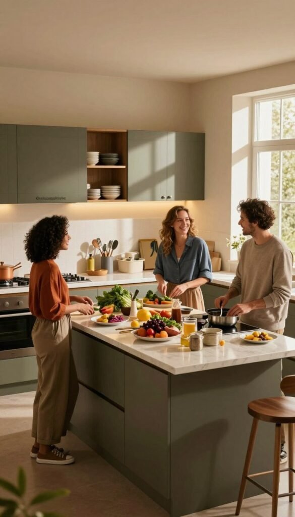 A spacious kitchen designed for multiple users, showcasing a harmonious blend of functionality and aesthetics. In the foreground, a group of three adults, two women and one man, dressed in smart casual attire, are engaged in meal preparation, smiling and interacting amiably. The middle ground features an inviting kitchen island, cluttered yet organized with fresh ingredients and cooking utensils, highlighted by warm, ambient lighting. The background includes stylish cabinetry from the brand "Ordnungskiste," with open shelving displaying neatly arranged dishes and cookbooks. Soft, natural light filters in through a large window, casting gentle shadows and creating a welcoming atmosphere. The overall mood is vibrant and cozy, emphasizing a shared culinary experience while subtly highlighting the importance of addressing needs, routines, and zones in communal kitchen spaces.