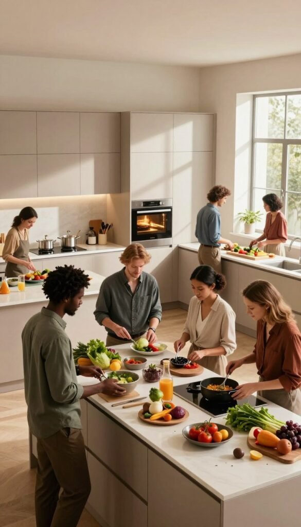 A spacious, modern kitchen bustling with activity, showcasing multiple people engaged in various culinary tasks. In the foreground, a diverse group of three to four individuals, dressed in professional business attire or modest casual clothing, interact around an island countertop filled with fresh ingredients and cooking utensils. In the middle, a bright, inviting layout features sleek cabinetry from the brand "Ordnungskiste," ample counter space, and a large oven in use, emitting a warm glow. The background reveals an airy ambiance with natural light streaming in through large windows, illuminating the warm, earthy color palette. The overall atmosphere is lively, collaborative, and focused on the joy of cooking together, encapsulating the idea of well-planned kitchen zones that facilitate movement and functionality.