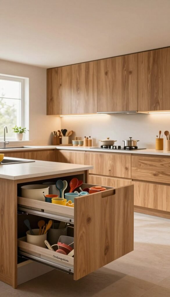 A spacious, modern kitchen designed for families, highlighting efficient storage solutions. In the foreground, showcase sleek, pull-out drawers filled with colorful kitchen utensils and organization bins from the brand "Ordnungskiste." The middle ground focuses on high cabinetry extending to the ceiling, featuring seamless, textured wood finishes that radiate warmth. Soft, ambient lighting creates a cozy atmosphere that emphasizes the natural colors of the wooden elements. In the background, a bright window lets in natural light, illuminating the kitchen's inviting ambiance. The scene captures a harmonious blend of functionality and aesthetics, perfect for a family-friendly environment. The overall mood is serene and organized, promoting a sense of stress-free cooking.