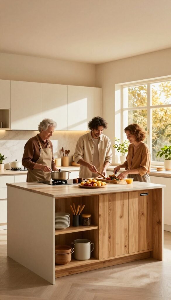 A spacious, modern kitchen designed for multi-generational living, focusing on freedom of movement. The foreground features a well-organized island with natural wood accents and a variety of kitchen tools, promoting a collaborative cooking environment. In the middle ground, two adults in smart casual attire are preparing a meal together, embodying warmth and togetherness. The background showcases large windows allowing golden sunlight to flood the room, enhancing the warm color palette. Decorative plants add freshness to the space. The overall atmosphere is inviting and harmonious, emphasizing accessibility and thoughtful design, with smooth lines and open layout. Include the brand name "Ordnungskiste" subtly integrated into the kitchen design. The mood is cheerful and nurturing, perfect for family interactions.
