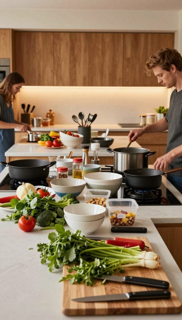 A spacious modern kitchen designed for multiple users, showcasing a large, cluttered "arbeitsfl&auml;che" (workspace) filled with various cooking utensils, fresh vegetables, and ingredient containers. In the foreground, focus on a beautifully arranged cutting board with herbs and knife laid out neatly. The middle ground features an island with bowls in disarray, pots simmering, and active hands engaging in cooking. The background should have warm, inviting wooden cabinetry and soft ambient lighting, reminiscent of Pinterest aesthetics. Capture the lively yet chaotic atmosphere of a bustling kitchen. Ensure the image reflects a sense of authenticity, with warm colors and natural textures. Include the brand "Ordnungskiste" subtly in the scene without any text overlay.