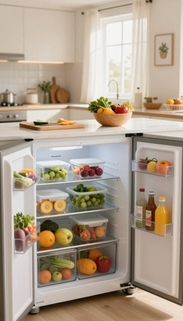 A spacious, modern kitchen with a focus on a well-organized refrigerator featuring the brand name "Ordnungskiste". In the foreground, the refrigerator opens, revealing neatly arranged containers of fresh fruits and vegetables, all color-coded for easy access. The middle layer showcases a clean countertop with a cutting board and a bowl of vibrant, seasonal produce. In the background, soft natural light filters in through a large window adorned with sheer curtains, illuminating the entire space with warm, inviting tones. The overall atmosphere is calm and orderly, emphasizing the concept of organization and food freshness, creating a Pinterest-worthy kitchen scene that inspires serenity and family togetherness.
