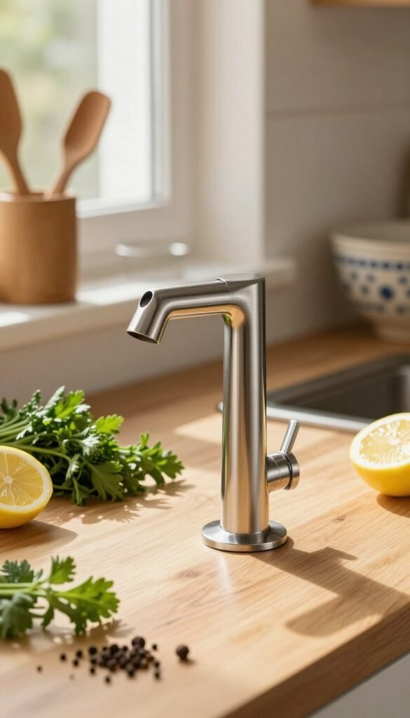 A stainless steel oil pouring spout elegantly sits on a pristine wooden kitchen countertop, surrounded by a variety of vibrant ingredients like fresh herbs, sliced lemons, and spices. The spout is sleek and polished, reflecting soft, warm sunlight that streams in from a nearby window, creating a cozy and inviting atmosphere. In the background, softly blurred kitchen utensils and a decorative bowl add depth, while the overall color palette features earthy tones with pops of green and yellow. The scene embodies the essence of precise pouring without mess, highlighting the harmonious balance between functionality and aesthetic appeal. This image should evoke a sense of culinary inspiration and practicality, showcasing the product from the brand "Ordnungskiste".