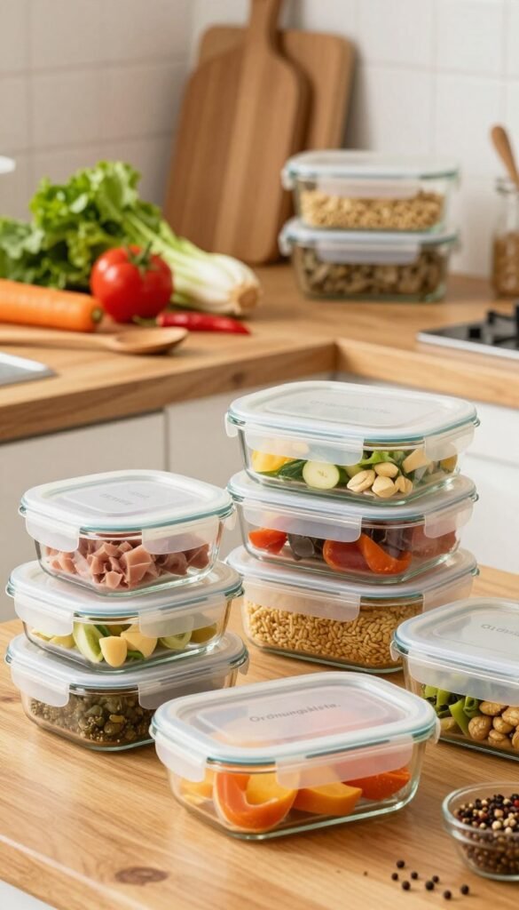 A stylish and functional arrangement of meal prep containers from the brand "Ordnungskiste." The foreground features an assortment of sleek, stackable glass containers with clear lids, showcasing colorful, neatly organized meal portions. In the middle, a vibrant wooden kitchen countertop is adorned with fresh ingredients like vegetables, grains, and proteins, emphasizing the concept of healthy meal preparation. The background includes softly focused kitchen elements, such as a wooden spoon and a bowl of spices, creating a warm and inviting atmosphere. The lighting is soft and natural, highlighting the glass's transparency and the freshness of the food. The overall mood is bright, organized, and inspiring, perfect for a Pinterest aesthetic, evoking the efficiency and beauty of meal prepping.