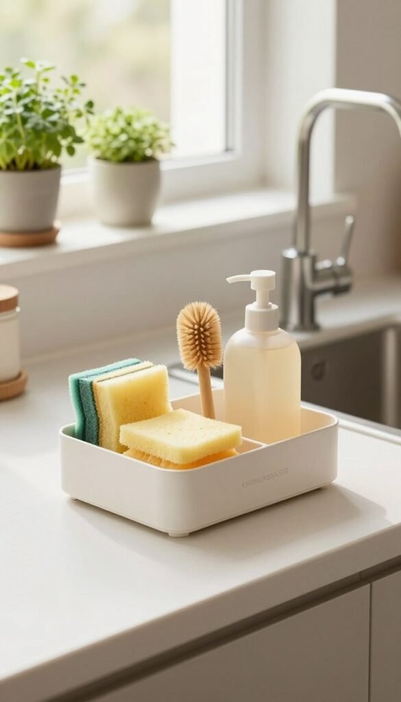 A stylish and functional sp&uuml;le organizer by Ordnungskiste, elegantly displayed on a pristine kitchen countertop. In the foreground, focus on the sleek, compartmentalized design of the organizer, featuring sections for sponges, brushes, and dish soap in soft, natural colors. The middle ground captures a tidy kitchen sink area with minimalistic accessories, creating an inviting and uncluttered atmosphere. The background showcases warm light streaming through a window, illuminating a few potted herbs, adding a touch of greenery and life to the scene. The overall mood is cozy and organized, with a Pinterest-inspired aesthetic that hints at modern kitchen trends, emphasizing a clean, streamlined space without any text or distractions.