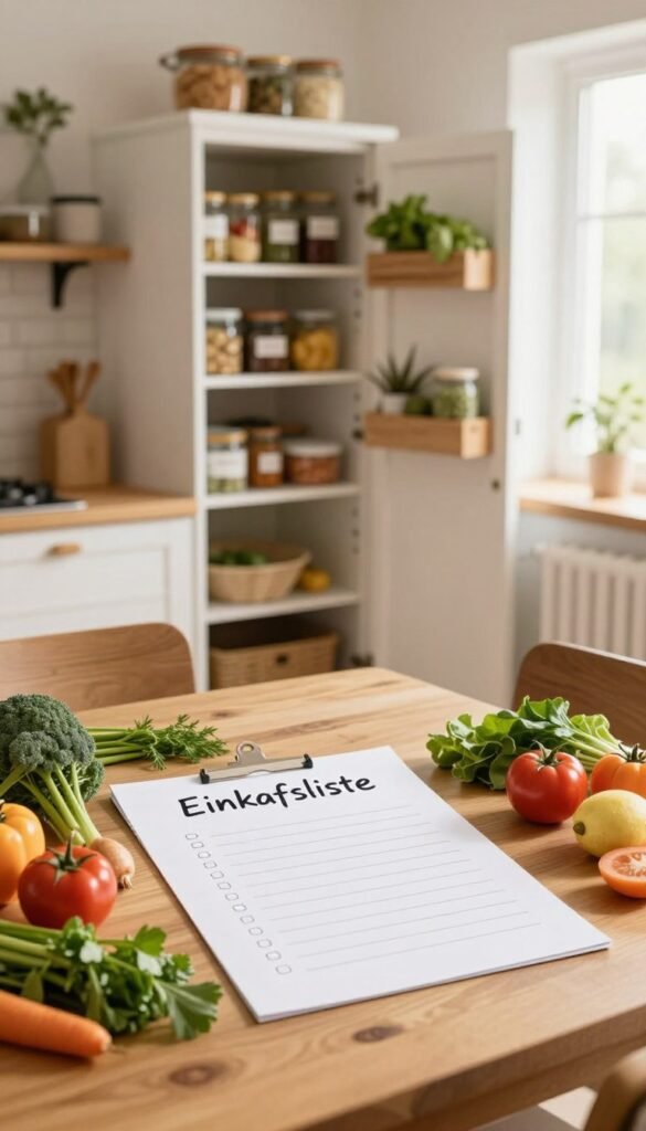 A stylish and inviting kitchen scene showcasing a wooden dining table covered with a neatly organized &ldquo;Einkaufsliste&rdquo; (shopping list) in a simple, handwritten style. In the foreground, fresh groceries, such as colorful vegetables, herbs, and fruits are artfully placed around the list, emphasizing the theme of clever shopping. The middle ground features a soft-focus view of an open pantry filled with neatly arranged jars and containers, labeled for easy access. The background consists of a bright and airy kitchen with warm, natural lighting filtering through a window, creating a cozy atmosphere. The overall mood is serene and organized, embodying the essence of stress-free everyday cooking. Include a subtle touch of the brand name "Ordnungskiste" on a decorative element within the scene.