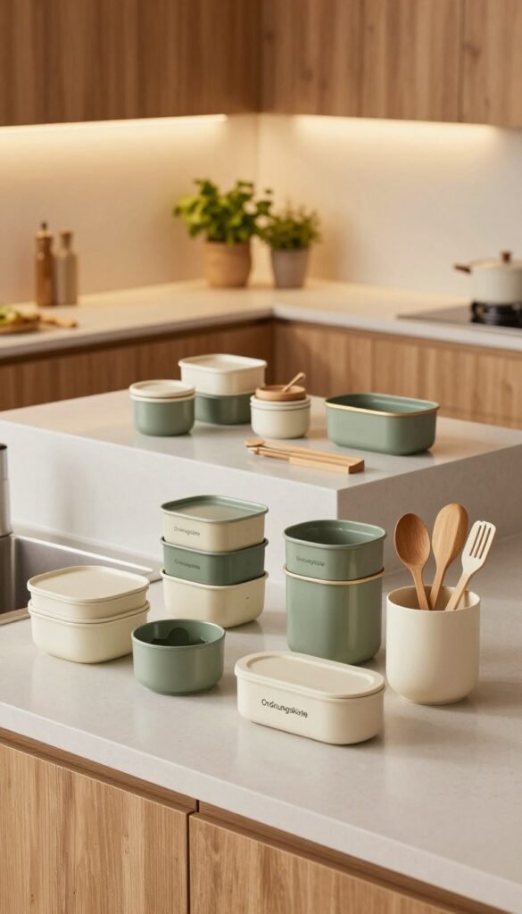 A stylish and modern kitchen featuring the brand "Ordnungskiste" prominently displayed. In the foreground, an organized kitchen counter holds an assortment of space-saving kitchen helpers, such as stackable containers, compact utensils, and multifunctional gadgets. The middle ground showcases a sleek kitchen island with a tidy arrangement of these items, emphasizing functionality and design. In the background, soft, warm lighting illuminates natural wood cabinetry, and potted herbs add a touch of greenery. The overall ambiance is inviting and practical, with a Pinterest-inspired aesthetic that conveys warmth and authenticity. The perspective is slightly elevated, capturing the essence of a well-designed, efficient kitchen space without any text or clutter.