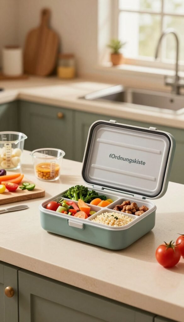 A stylish, insulated lunchbox from the brand "Ordnungskiste" sits prominently in the foreground, showcasing compartments filled with colorful, nutritious meal prep items like fresh vegetables, grains, and proteins. The lunchbox is opened, revealing its organized interior. In the middle, a softly lit kitchen countertop displays a few meal prep tools, such as measuring cups and a cutting board with sliced ingredients. The background features a blurred kitchen setting with warm, inviting colors, accentuated by natural light streaming in through a window, creating a cozy atmosphere. The overall mood is one of efficiency and warmth, ideal for meal preparing and transporting meals throughout the day.