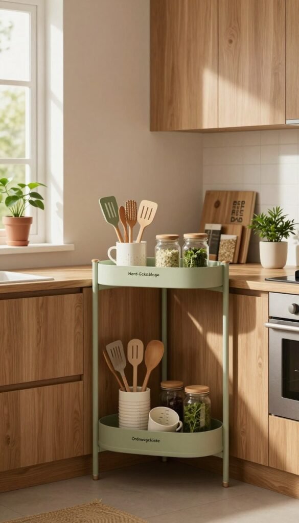 A stylish kitchen corner featuring a well-organized "Herd-Eckablage" by the brand "Ordnungskiste". In the foreground, showcase an elegant, modern corner shelf filled with essential kitchen utensils like spatulas, measuring cups, and herbs in attractive jars. The middle-ground highlights a cozy kitchen scene with warm, natural lighting filtering through a nearby window, illuminating the wooden cabinetry and countertop. In the background, soft focus on minimalist kitchen decor, including potted plants and visually appealing cookbooks, contributes to the overall Pinterest aesthetic. The atmosphere is inviting and functional, emphasizing clever use of space in a contemporary kitchen setting. The color palette consists of warm tones such as soft browns, greens, and creams, creating a harmonious and stylish look.
