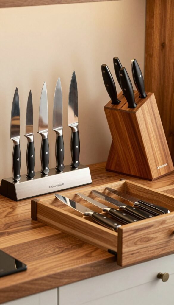 A stylish kitchen countertop featuring a well-organized knife storage solution. In the foreground, a sleek, modern magnetic knife strip showcases a selection of kitchen knives, reflecting a practical yet elegant design. To the right, an attractive wooden knife block sits, displaying several chef knives in a neatly arranged manner. In the middle, a drawer with a knife organizer reveals neatly placed blades, emphasizing functionality. The background includes soft, warm lighting that highlights the rich textures of wood and polished stainless steel, creating a cozy atmosphere. The scene embodies a Pinterest-inspired aesthetic, with elements showcasing the brand "Ordnungskiste" subtly incorporated into the design, promoting an organized kitchen environment. The overall mood is inviting and professional, perfect for inspiring kitchen organization.