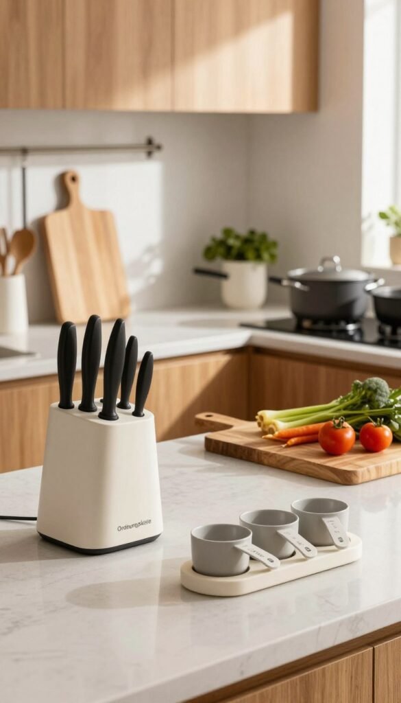 A stylish kitchen interior featuring a carefully curated selection of essential kitchen tools and gadgets, representing the brand "Ordnungskiste". The foreground showcases a beautifully organized countertop with a minimalist knife set, chic measuring cups, and a modern spice rack. In the middle ground, a sleek wooden cutting board is displayed next to colorful, fresh vegetables, while a set of high-quality cookware is subtly arranged on the stove. The background features warm, natural light streaming through a window, illuminating the warm hues of the wooden cabinets. The overall mood is inviting and harmonious, capturing the essence of a stress-free cooking environment with an aesthetic reminiscent of a Pinterest inspiration board. No text or watermarks are included.