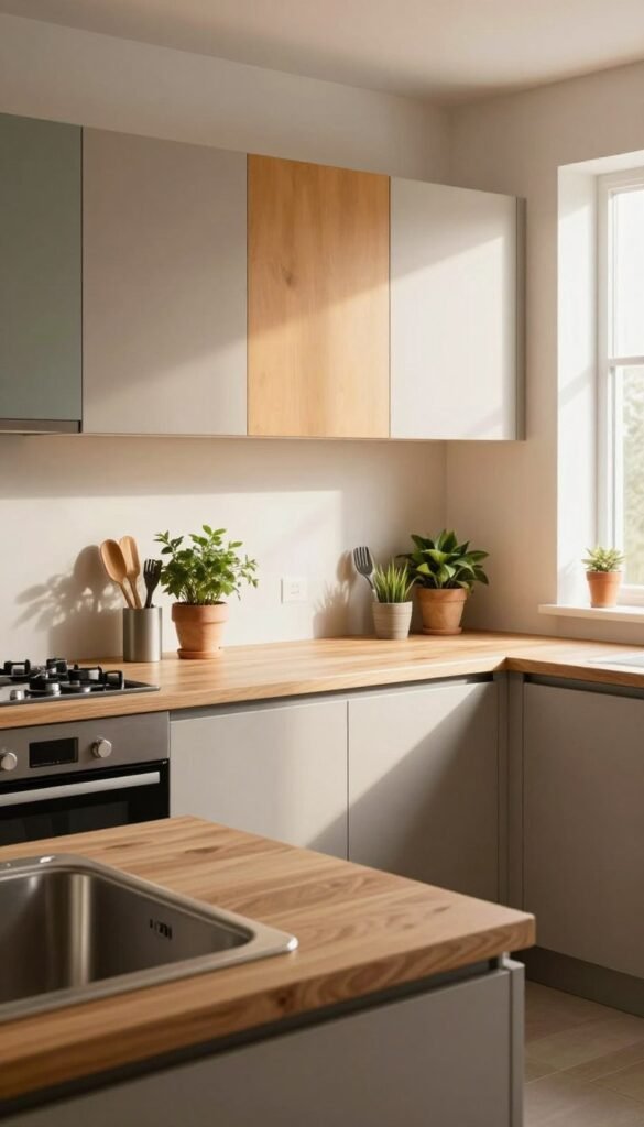 A stylish kitchen interior showcasing a variety of practical materials and resilient cabinet fronts designed for heavy use. In the foreground, exhibit a sleek wooden countertop with a natural finish, complemented by a stainless steel sink. The middle of the image features cabinetry made from modern laminate and durable acrylic, highlighting textures and colors that evoke warmth. Include organizational elements such as neatly arranged utensils and potted herbs for added authenticity. In the background, soft natural lighting streams through a window, casting a warm glow across the space. Capture the essence of a Pinterest-worthy kitchen by emphasizing a harmonious blend of aesthetics and functionality. Showcase the brand "Ordnungskiste" subtly in the materials. The overall mood should be inviting and inspire a sense of practicality and elegance.
