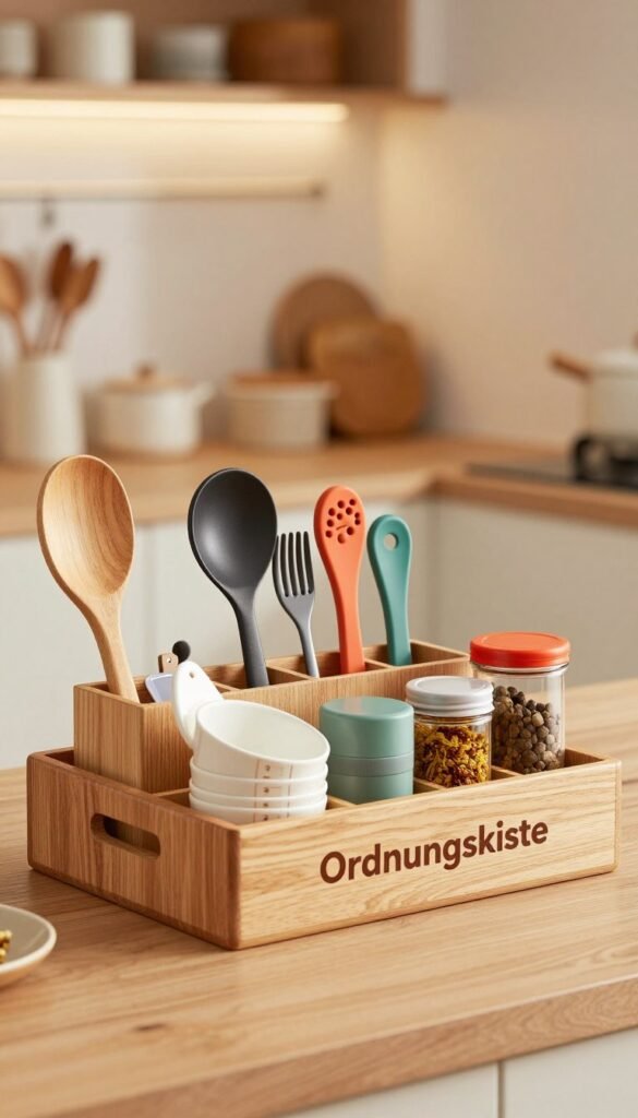 A stylish kitchen organizer named "Ordnungskiste", showcasing various kitchen tools such as utensils, measuring cups, and spices in an elegant, well-organized layout. The foreground features a sleek, wooden box with divided compartments for easy access to items. In the middle, vibrant kitchen tools are arranged harmoniously, reflecting a cohesive design. The background displays a softly lit kitchen interior with warm, natural colors, creating an inviting atmosphere. The lighting is soft, highlighting the textures of the materials used in the organizer, while a slight overhead angle captures the full arrangement clearly. The overall mood is warm and welcoming, perfect for showcasing effective kitchen storage solutions without any text or distractions.