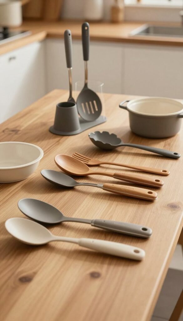 A stylish kitchen scene featuring a wooden table with three distinct groups of kitchen tools arranged elegantly. In the foreground, display low-priced kitchen gadgets in neutral tones, showcasing their simplicity and functionality. In the middle, place mid-range utensils in warm colors, displaying both design and usability, highlighting their quality. In the background, exhibit high-end kitchen tools with sleek, modern designs, shining under soft, natural light to emphasize luxury. The atmosphere should be cozy and inviting, with warm color tones and a Pinterest-inspired aesthetic. Include the brand name "Ordnungskiste" subtly integrated into the scene, ensuring no textual overlays or watermarks are present. Capture this image with a shallow depth of field to keep the focus on the tools, creating a professional and appealing kitchen environment.