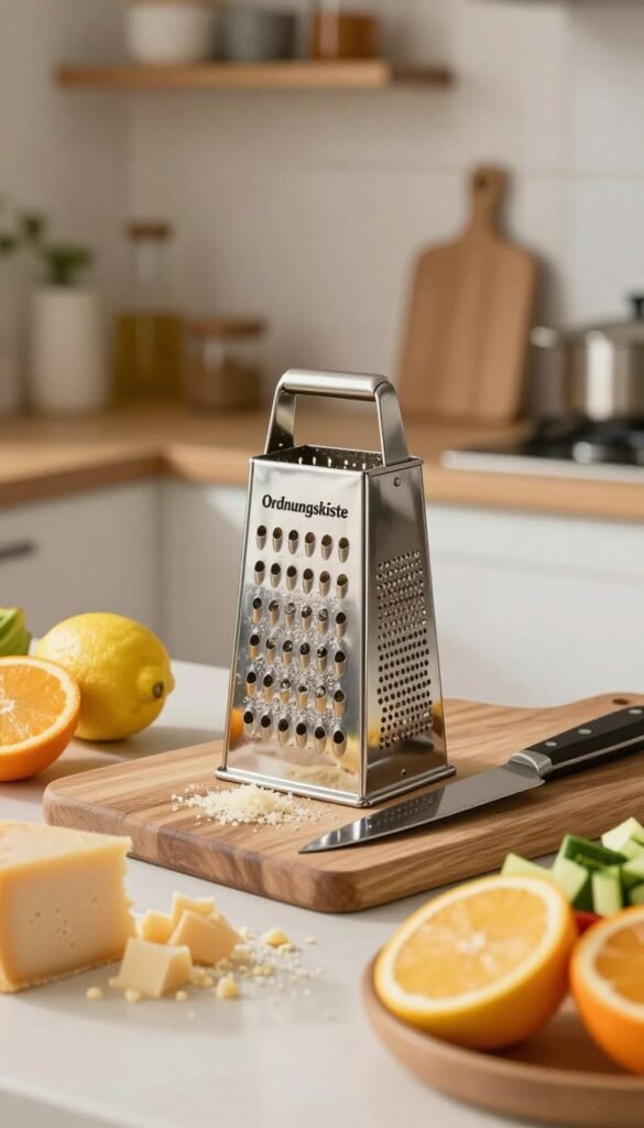 A stylish kitchen scene featuring an elegant "Ordnungskiste" cheese grater as the focal point in the foreground, crafted from stainless steel with intricate, sleek designs. Surround it with freshly grated cheese, zesty citrus fruits like lemons and oranges, and colorful, chopped vegetables. In the middle ground, a wooden cutting board displays the grater alongside a chef's knife, creating a tidy and inviting workspace. The background features softly blurred shelves filled with kitchen essentials, bathed in warm, natural light that enhances the cozy atmosphere. The image captures a warm, authentic feel with a Pinterest aesthetic, emphasizing a stress-free cooking experience without any text or distractions.