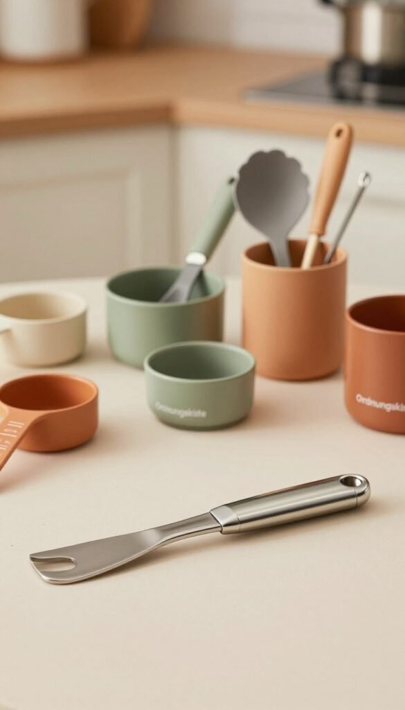 A stylish kitchen scene featuring high-quality "Ordnungskiste" kitchen tools designed for small hands. In the foreground, a sleek stainless steel griff designed for ease of grip, showing its ergonomic contour and polished finish. The middle ground should include a beautifully arranged array of kitchen gadgets, such as measuring cups and small utensils, all in warm, inviting colors. The background fades softly, hinting at a cozy kitchen environment with soft lighting to create an inviting atmosphere. Capture the essence of functionality and elegance, emphasizing the practicality of kitchen tools. The overall mood should be warm and authentic, reflecting a Pinterest-inspired aesthetic, with no text or branding visible.