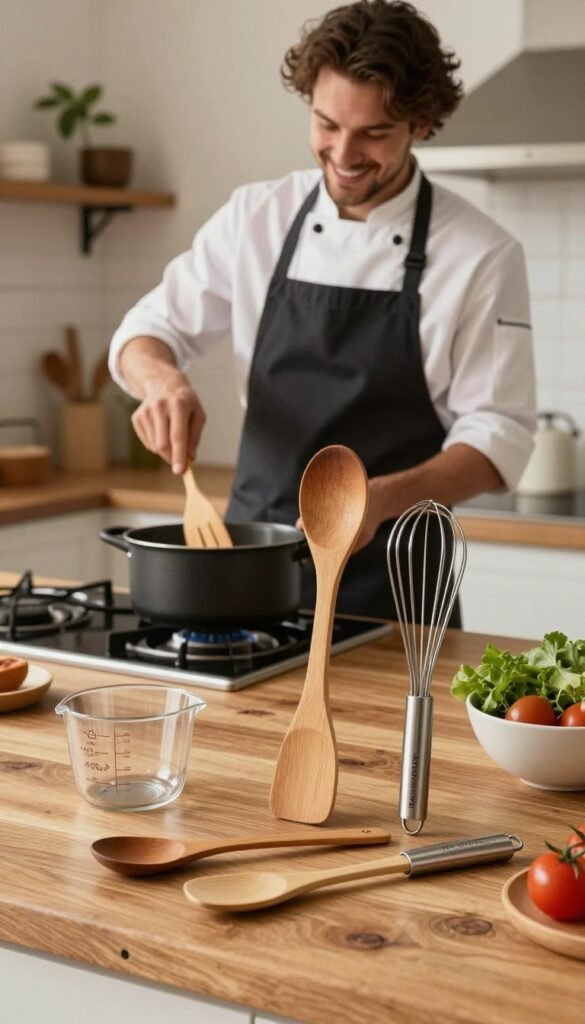 A stylish kitchen scene featuring high-quality cooking utensils perfect for daily use, such as a wooden spoon, spatula, and a whisk, all from the brand "Ordnungskiste." In the foreground, showcase these utensils elegantly arranged on a rustic wooden countertop, with a measuring cup and a bowl of fresh ingredients nearby. The middle ground captures a chef in professional attire, focused on stirring ingredients in a pot with a warm smile, emphasizing the act of cooking. In the background, a well-organized kitchen with soft, natural lighting that enhances warm colors, giving the image a cozy and inviting atmosphere. The lens perspective adds depth to the scene, creating an authentic Pinterest-worthy aesthetic, free from any text or overlays.