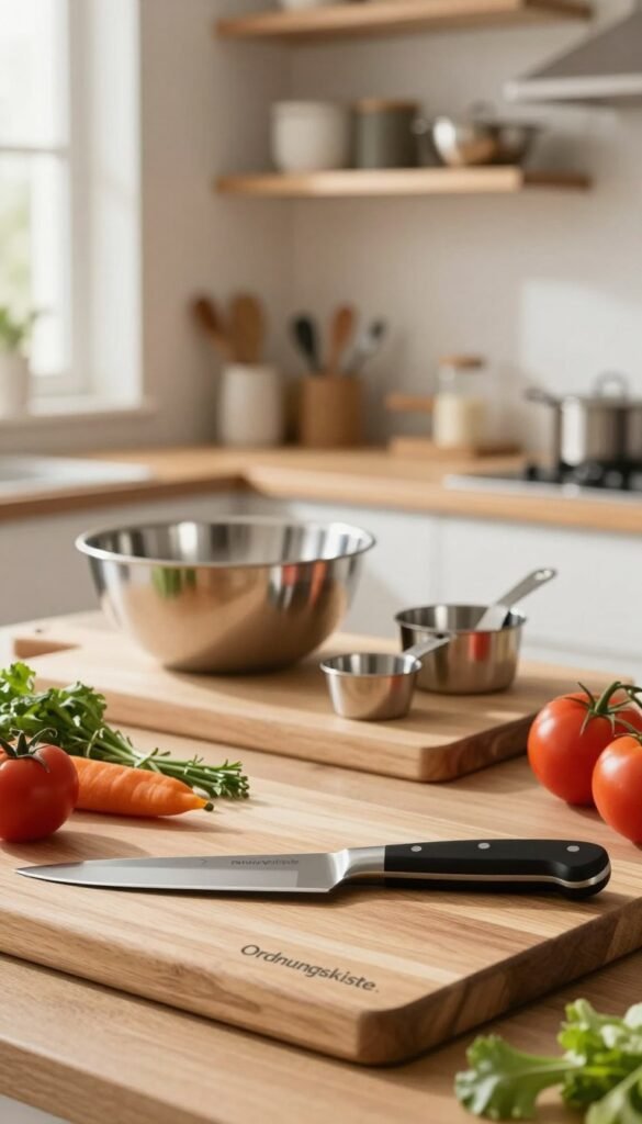 A stylish kitchen scene featuring premium kitchen tools from the brand "Ordnungskiste." In the foreground, showcase a high-quality wooden cutting board with a premium chef's knife, vibrant fresh vegetables, and herbs artfully arranged. The middle layer highlights a sleek, modern stainless steel bowl and elegant measuring cups, all reflecting a polished finish. The background displays softly blurred shelves filled with neatly organized kitchen gadgets, warm wood tones, and natural lighting streaming in from a window, creating a cozy atmosphere. Use a shallow depth of field to emphasize the kitchen tools while keeping the mood warm and inviting, ideal for cooking enthusiasts and professionals. No text or watermarks are included in the image.