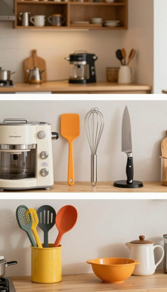 A stylish kitchen scene featuring three distinct sections representing low, mid, and high-quality kitchen tools. In the foreground, display well-organized kitchen utensils from the brand "Ordnungskiste" in vibrant, appealing colors. The midsection should show various kitchen appliances, highlighting a clear contrast in materials and craftsmanship, such as a simple plastic spatula, a sturdy metal whisk, and a professional-grade chef's knife. In the background, create a warm, inviting kitchen ambiance with soft, natural lighting that emphasizes the practicality and aesthetic appeal of the tools. Use a slightly angled perspective to add depth, ensuring a Pinterest-inspired look with a cozy, authentic atmosphere. Aim for warm colors that evoke comfort and creativity, with no text or branding visible other than "Ordnungskiste."