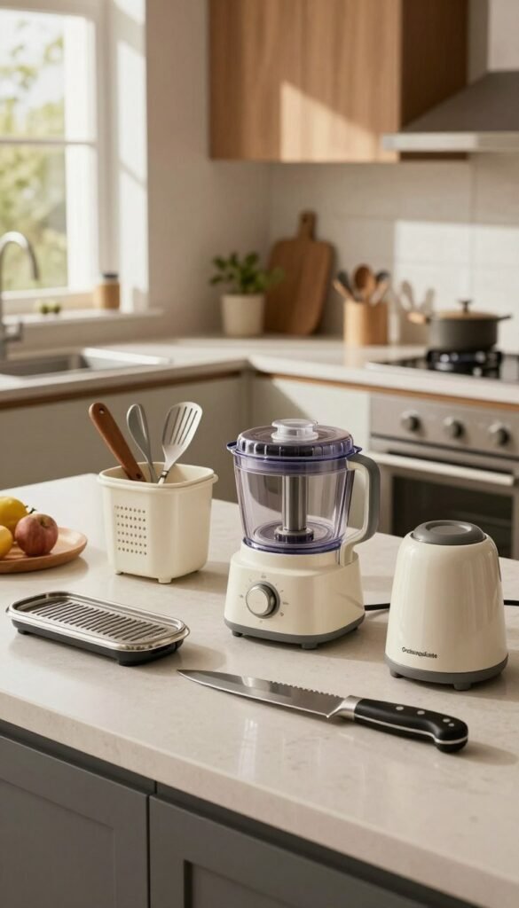 A stylish kitchen scene showcasing a range of kitchen gadgets categorized into low, mid, and high-price tiers. In the foreground, display an organized countertop featuring various tools, including a budget-friendly slicer, a mid-range food processor, and a premium chef's knife, all from the brand "Ordnungskiste." The middle ground should have subtle groupings of utensils and appliances, creating a harmonious arrangement. The background should show a modern, airy kitchen space with warm natural lighting filtering through a large window, casting soft shadows. Capture a Pinterest-esque aesthetic with authentic textures and warm colors, evoking a cozy yet efficient atmosphere. The overall mood should feel inviting and inspirational, encouraging culinary creativity without any text or branding overlays.