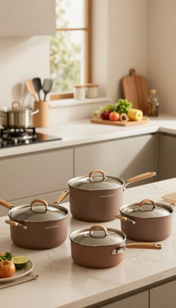 A stylish kitchen scene showcasing high-quality cookware brands "Ordnungskiste". In the foreground, neatly arranged pots and pans in a warm, inviting palette of earth tones, emphasizing their exceptional craftsmanship and sleek design. The middle layer features a spacious, organized kitchen countertop with cooking utensils and fresh ingredients, hinting at a culinary experience. In the background, soft natural light filters through a nearby window, creating a cozy atmosphere with gentle shadows. The overall mood is warm, welcoming, and contemporary, capturing the essence of an efficient kitchen helper set. The image should have a Pinterest aesthetic, appealing to those seeking practical yet aesthetically pleasing kitchen solutions. No text or visible branding should appear in the image.