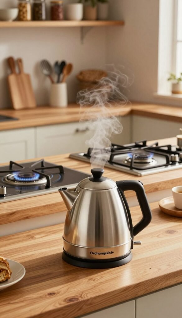 A stylish kitchen scene vividly showcasing a modern electric kettle, an induction stove, and a traditional gas stove from the brand "Ordnungskiste". In the foreground, the sleek, stainless steel kettle sits on a wooden countertop, steam gently rising, with warm, natural lighting casting soft reflections. The middle layer features a minimalist induction stove with an illuminated burner, complemented by a classic gas stove with a visible flame, highlighting the contrast between cooking methods. The background displays a cozy kitchen atmosphere, with wooden shelves filled with neatly organized utensils and spices, creating a welcoming vibe. The overall mood is warm and inviting, with an emphasis on efficiency and modern kitchen tools, all in harmonious, Pinterest-inspired colors.