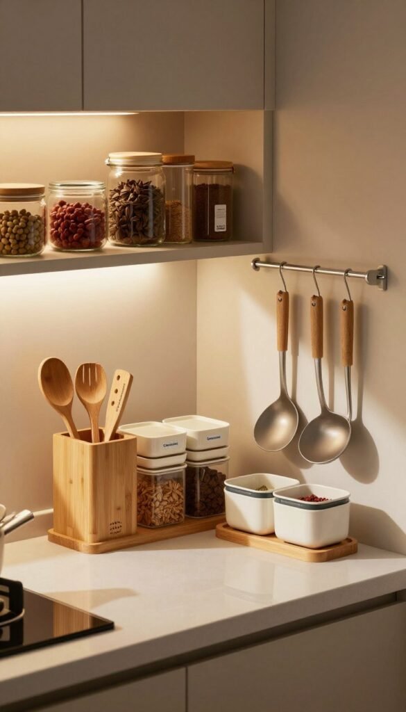 A stylish kitchen setting featuring practical kitchen organizers and tools. In the foreground, a sleek, minimalist kitchen counter with various Ordnungskiste products neatly arranged: a bamboo utensil holder, stackable containers for spices, and a hanging rack for utensils. The middle layer shows a well-organized pantry, with clear glass jars and labeled storage solutions, emphasizing order and functionality. In the background, warm lighting filters through a window, creating an inviting atmosphere with soft shadows across the counter. The color palette consists of warm earth tones, enhancing the cozy feel of the space. The image captures a perfect blend of practicality and aesthetic appeal, showcasing the idea of less searching and more cooking.