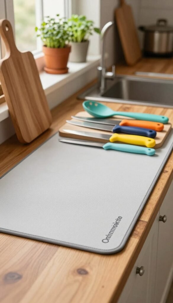 A stylish, large kitchen workspace featuring a non-slip, waterproof "Ordnungskiste" protective mat on a polished wooden countertop. In the foreground, the mat showcases its textured surface, providing a sense of grip and durability. The middle layer includes colorful kitchen utensils, like a cutting board and a vibrant set of knives, arranged neatly on the mat, emphasizing practicality. In the background, warm, natural light streams through a window, illuminating potted herbs on a shelf, creating a cozy atmosphere. The overall mood is inviting and practical, perfect for showcasing the mat's everyday usability in a well-organized kitchen. The image should capture a Pinterest-inspired aesthetic with soft, warm colors.
