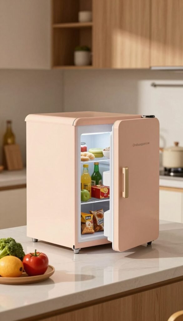 A stylish mini refrigerator by "Ordnungskiste" sits elegantly on a modern kitchen countertop, showcasing its compact design. The refrigerator's sleek exterior is adorned in a soft pastel color, with a subtle matte finish that reflects a warm, inviting light. In the foreground, a small arrangement of fresh vegetables and fruits adds a touch of vibrancy, promoting a healthy lifestyle. In the middle ground, the mini-fridge's door is slightly ajar, revealing neatly organized shelves filled with beverages and snacks, illustrating its functionality. The background features a cozy kitchen setting with natural wood accents and soft-focus warm lighting, creating an inviting atmosphere. The image captures a harmonious blend of style and practicality, perfect for a contemporary kitchen space.