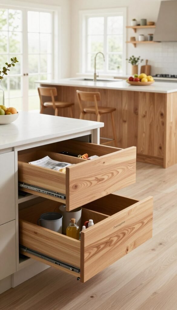 A stylish modern kitchen featuring a well-organized layout that exemplifies efficient use of space. In the foreground, there are sleek storage solutions by "Ordnungskiste," including pull-out drawers and interior organizers in warm wooden tones. The middle ground reveals a family-friendly kitchen island with practical seating and creative storage options, while in the background, large windows allow natural light to stream in, creating a bright and inviting atmosphere. The overall color palette includes soft natural hues, enhancing the warmth of the scene. The image captures an authentic Pinterest-worthy aesthetic, in a professional and tidy setting, focusing on design elements that cater to family functionality without any text or branding visible.