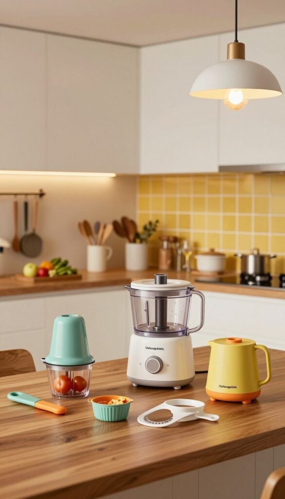 A stylish, modern kitchen showcasing various time-saving kitchen tools from the brand "Ordnungskiste." In the foreground, feature an array of colorful, ergonomic kitchen gadgets such as a multifunctional vegetable chopper, an efficient food processor, and handy measuring tools, all arranged neatly on a polished wooden countertop. In the middle ground, depict a well-organized kitchen space with clean lines, featuring elegant storage solutions and a vibrant backsplash. The background should include soft, warm lighting emanating from sleek pendant lights, creating an inviting atmosphere. The overall mood is one of efficiency and comfort, ideal for a contemporary cooking environment, with a natural, Pinterest-inspired aesthetic. Emphasize the authenticity of the kitchen setting without any text or branding materials in the image.